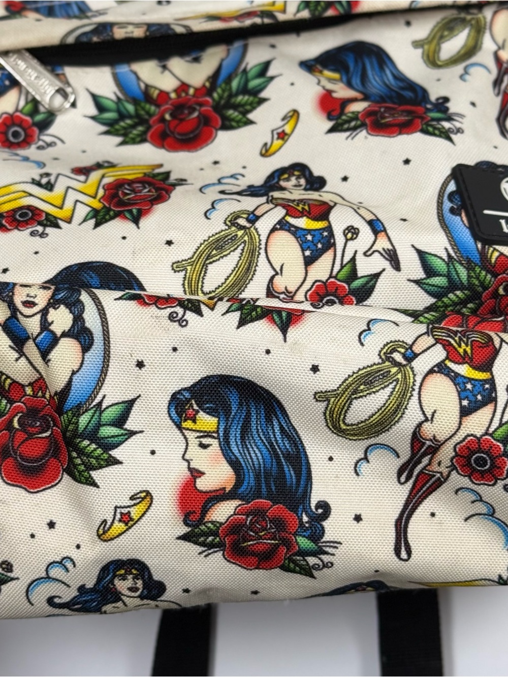 Loungefly DC Wonder Woman Tattoo Print Backpack Cream Red Black - Picture 11 of 11